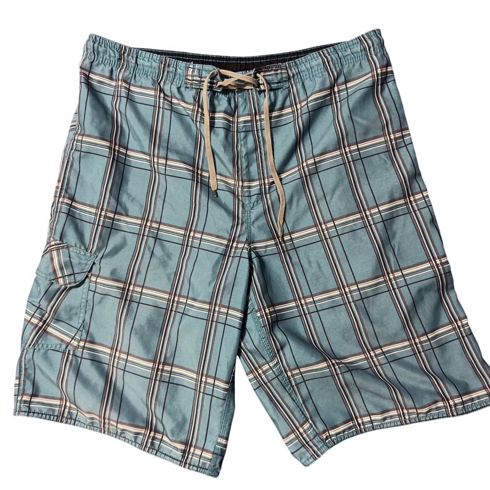 Burnside Board Shorts Mens Medium Blue Plaid Swim Trunks Cargo Pocket Drawstring